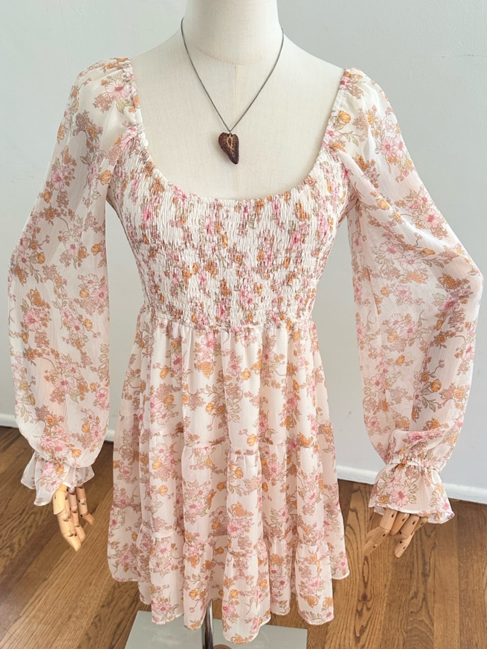 Vici Smocked Floral Mini Dress Cream Puff Sleeve Flowy Romantic Cottagecore Boho